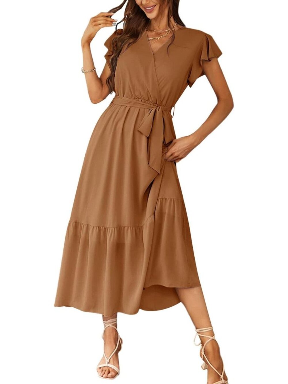 Women's Brown Summer Short Sleeve Wrap V Neck Floral Boho Guest Maxi Dresses